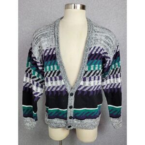 Vtg NWT Etchings Mens Cardigan Sweater Purple Teal Abstract Geometric Ramie L